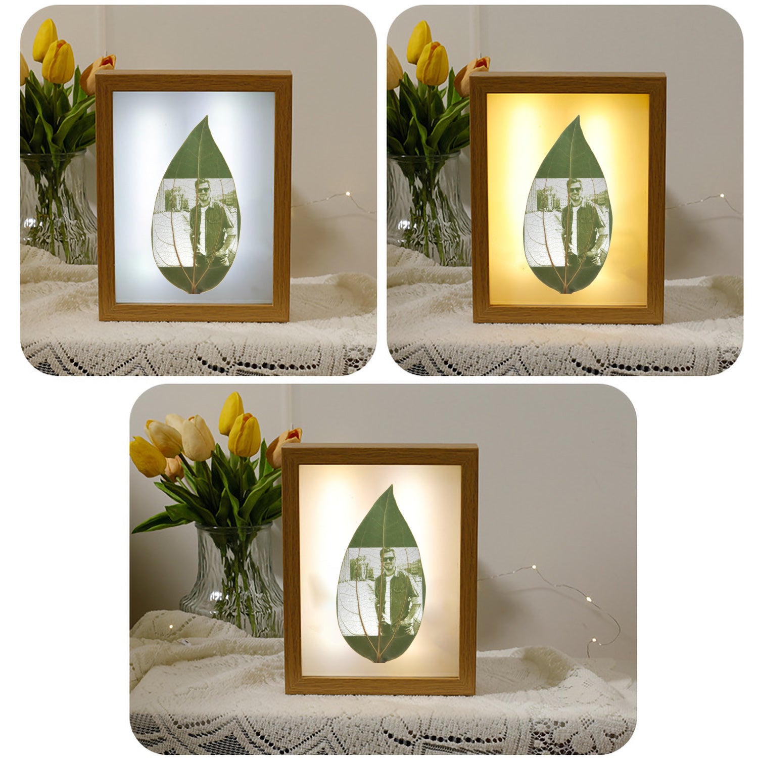 Cinnamomum Leaf Carving Photos with Touch 3-Colors LED Light Frame-BoBo Craft