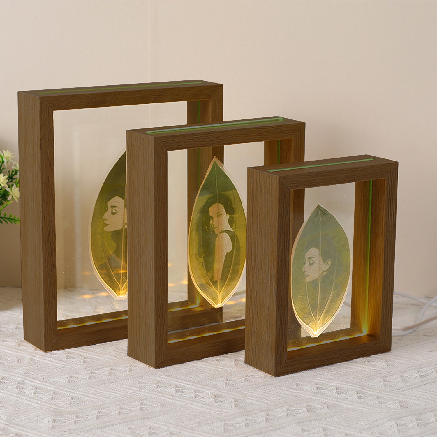 Cinnamomum Leaf Carving Photo with Rectangular Walnut Veneer Frame-BoBo Craft