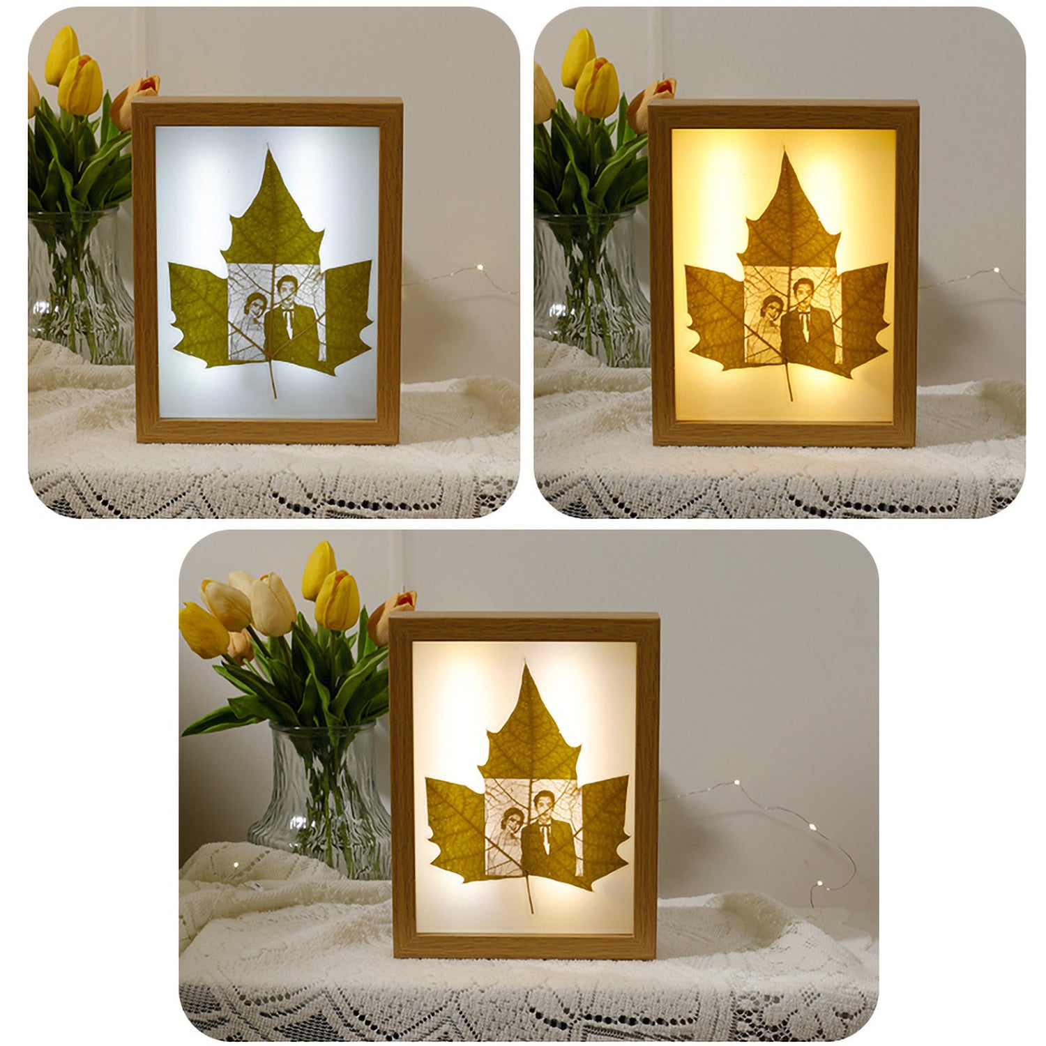 Leaf Carving Photo Art with Touch 3-Colors LED Light Frame-Sycamore Leaf-BoBo Craft